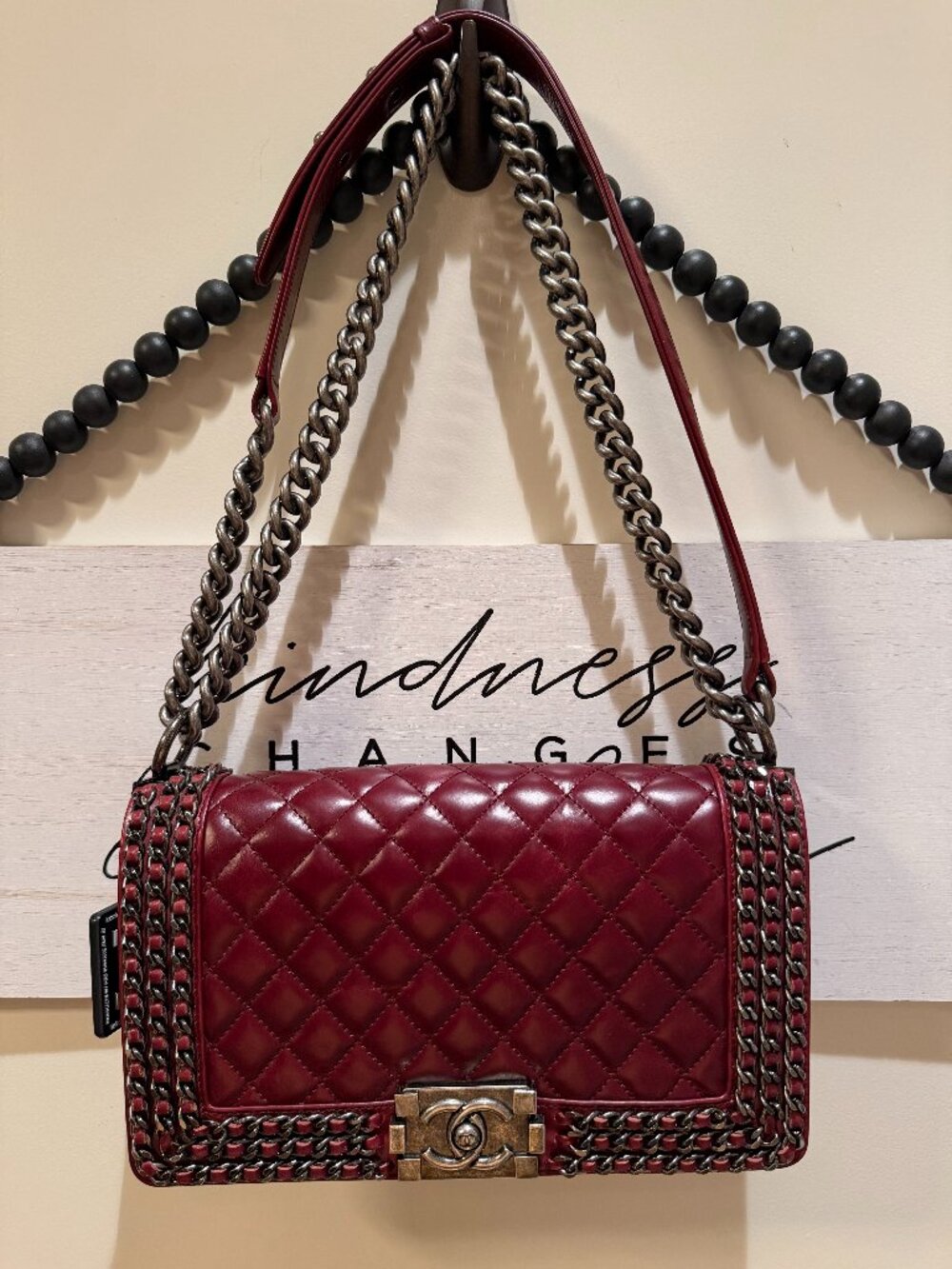 CHANEL Burgundy Chain Around Quilted Calfskin Maxi Boy Bag Ruthenium Purse CC